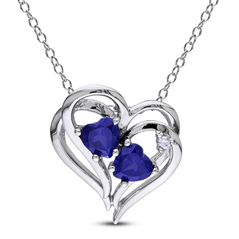 Main Image 1 of Blue Lab-Created Sapphire & Diamond Double Heart Necklace Sterling Silver 18"