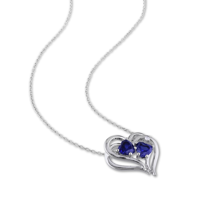 Main Image 2 of Blue Lab-Created Sapphire & Diamond Double Heart Necklace Sterling Silver 18"