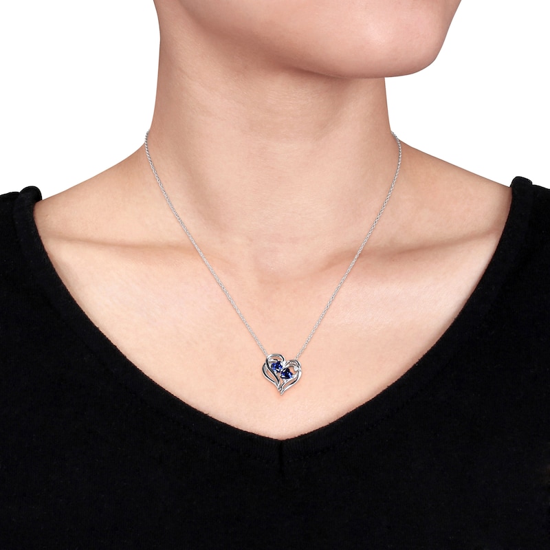 Main Image 3 of Blue Lab-Created Sapphire & Diamond Double Heart Necklace Sterling Silver 18"