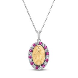 Lab-Created Ruby & White Lab-Created Sapphire Mary Necklace Sterling Silver/10K Yellow Gold 18"
