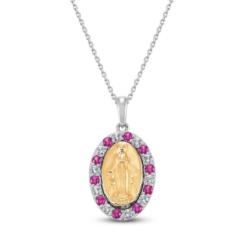 Main Image 1 of Lab-Created Ruby & White Lab-Created Sapphire Mary Necklace Sterling Silver/10K Yellow Gold 18&quot;