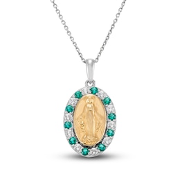 Lab-Created Emerald & White Lab-Created Sapphire Mary Necklace Sterling Silver/10K Yellow Gold 18"