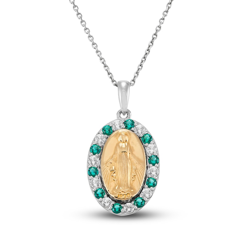 Main Image 1 of Lab-Created Emerald & White Lab-Created Sapphire Mary Necklace Sterling Silver/10K Yellow Gold 18&quot;
