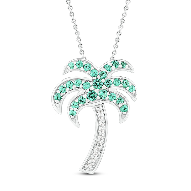 Main Image 1 of Lab-Created Emerald & White Lab-Created Sapphire Palm Tree Necklace Sterling Silver 18&quot;