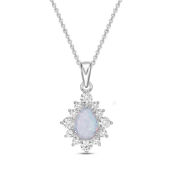 Lab-Created Opal & White Lab-Created Sapphire Necklace Sterling Silver 18"