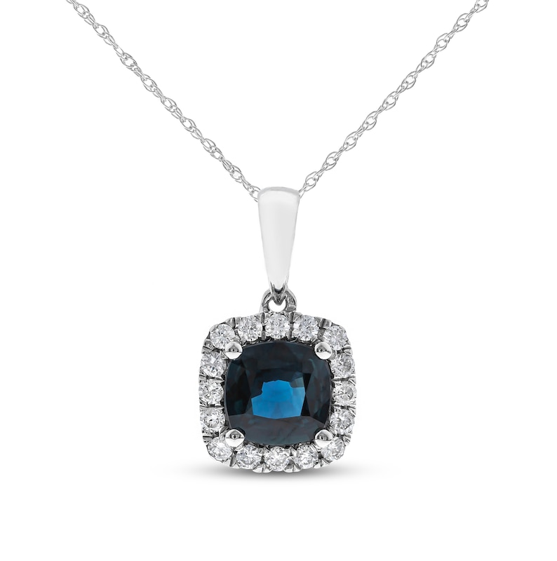 Main Image 1 of Blue Sapphire & Diamond Necklace 1/8 ct tw Cushion/Round-Cut 10K White Gold 18&quot;