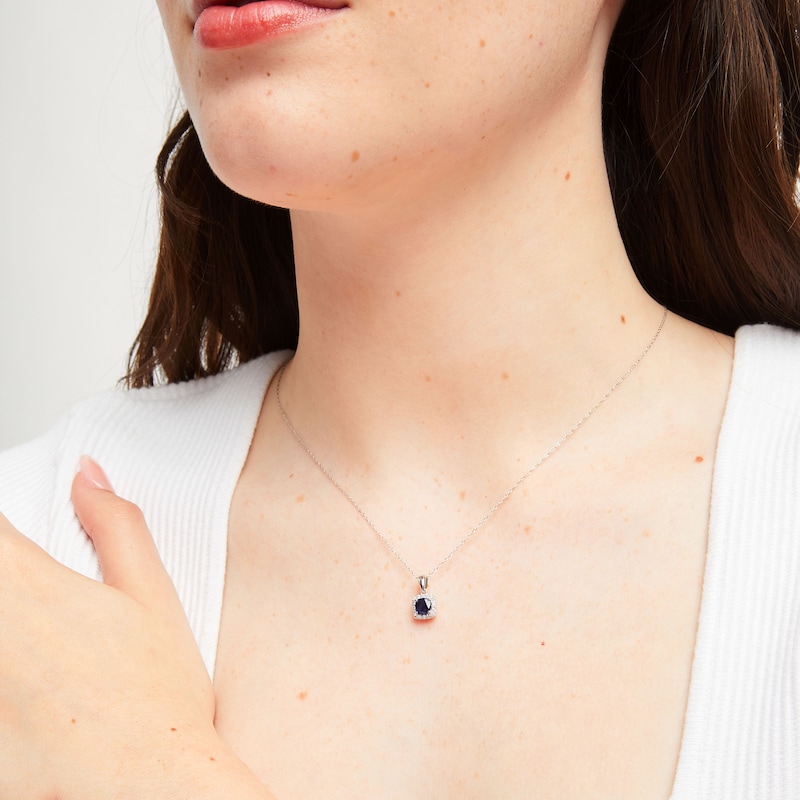 Main Image 2 of Blue Sapphire & Diamond Necklace 1/8 ct tw Cushion/Round-Cut 10K White Gold 18&quot;