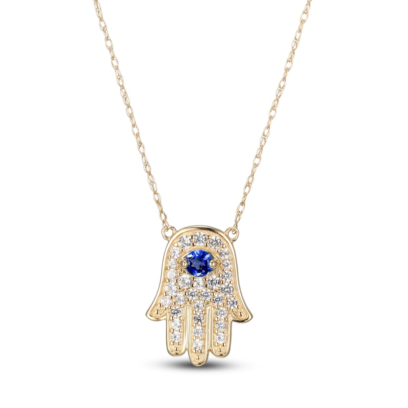 Main Image 1 of Blue/White Lab-Created Sapphire Hamsa Necklace 10K Yellow Gold 18&quot;