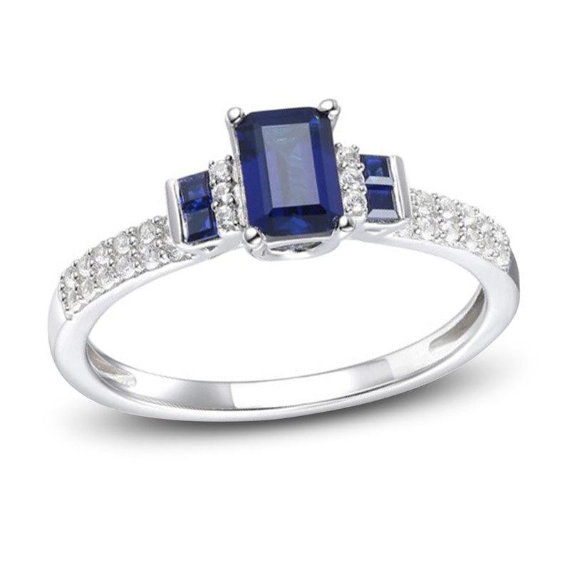 Main Image 1 of Blue Sapphire Ring 1/6 ct tw Diamonds 10K White Gold