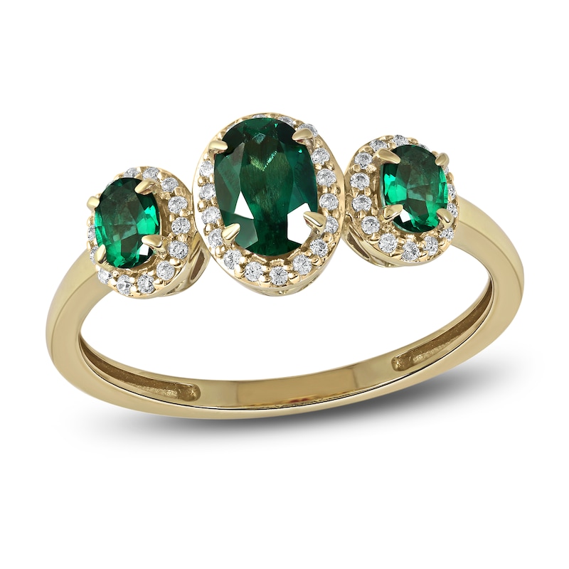 Main Image 1 of Three-Stone Emerald & Diamond Ring 1/8 ct tw Oval, Round-Cut 10K Yellow Gold