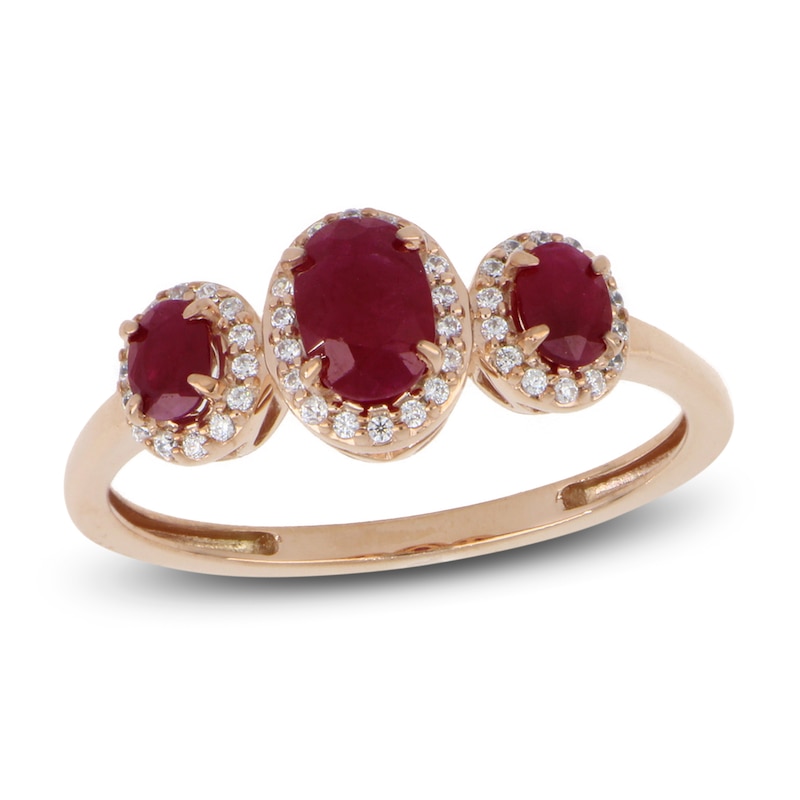 Main Image 1 of Three-Stone Ruby & Diamond Ring 1/8 ct tw Oval, Round-Cut 10K Rose Gold