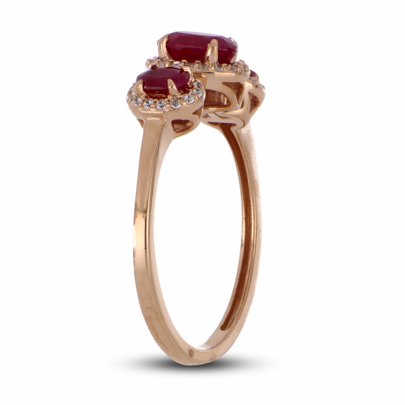 Main Image 2 of Three-Stone Ruby & Diamond Ring 1/8 ct tw Oval, Round-Cut 10K Rose Gold