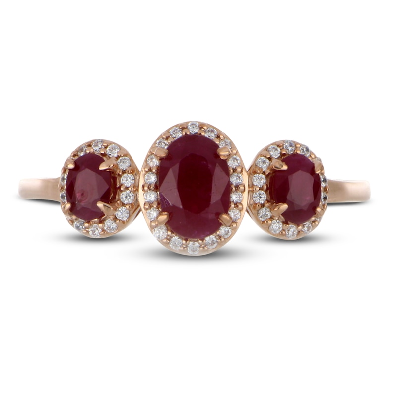 Main Image 3 of Three-Stone Ruby & Diamond Ring 1/8 ct tw Oval, Round-Cut 10K Rose Gold