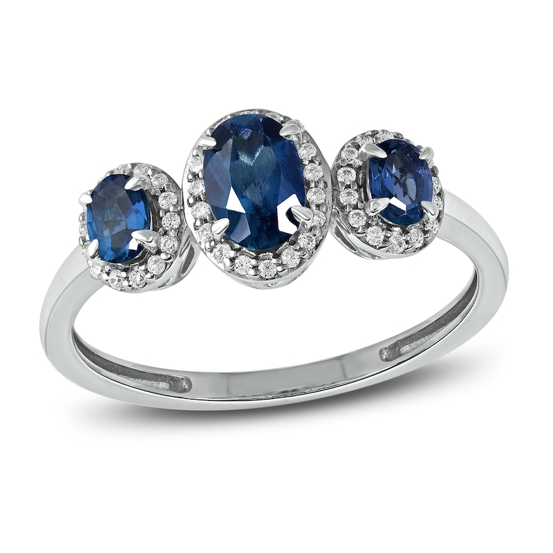 Main Image 1 of Three-Stone Blue Sapphire & Diamond Ring 1/8 ct tw Oval, Round-Cut 10K White Gold