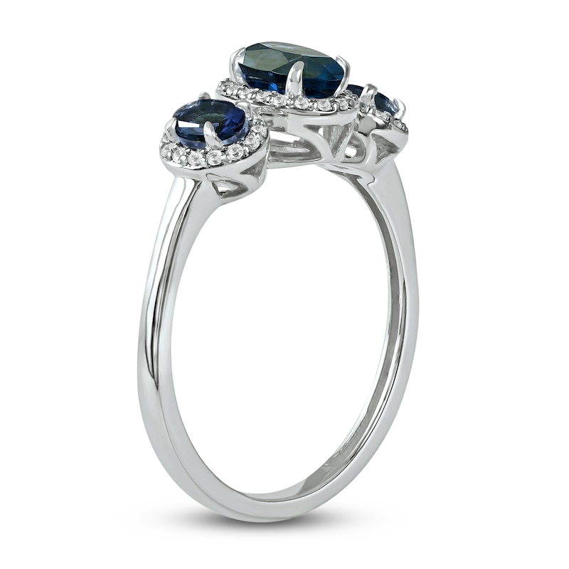 Main Image 2 of Three-Stone Blue Sapphire & Diamond Ring 1/8 ct tw Oval, Round-Cut 10K White Gold
