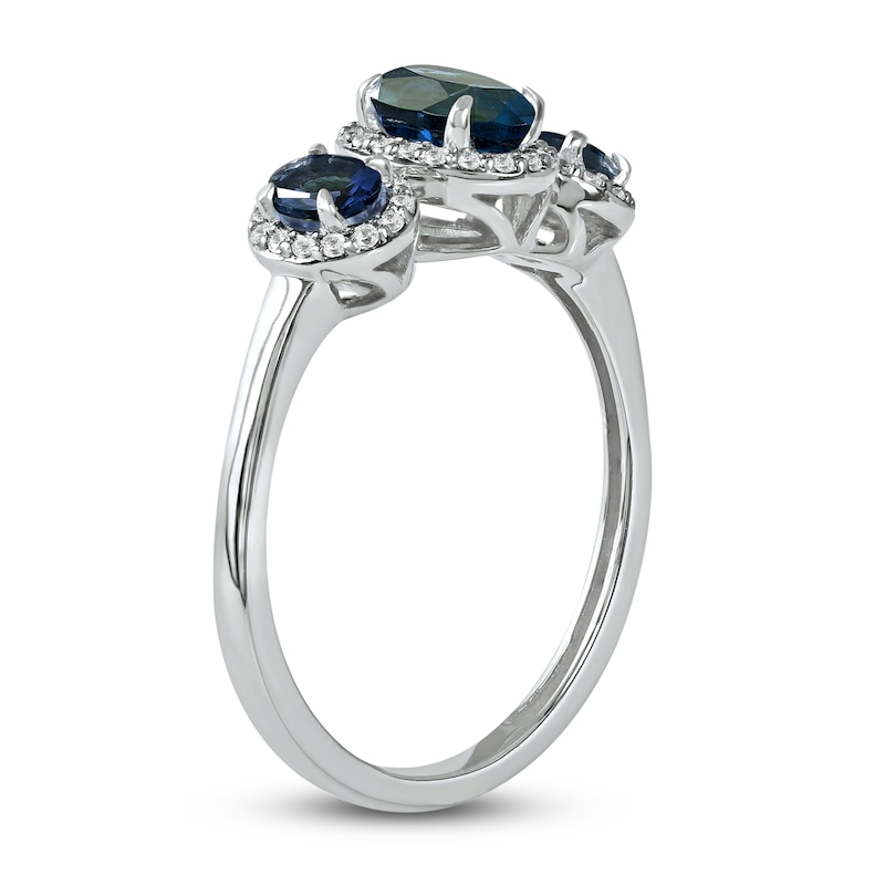 Three-Stone Blue Sapphire & Diamond Ring 1/8 ct tw Oval, Round-Cut 10K White Gold