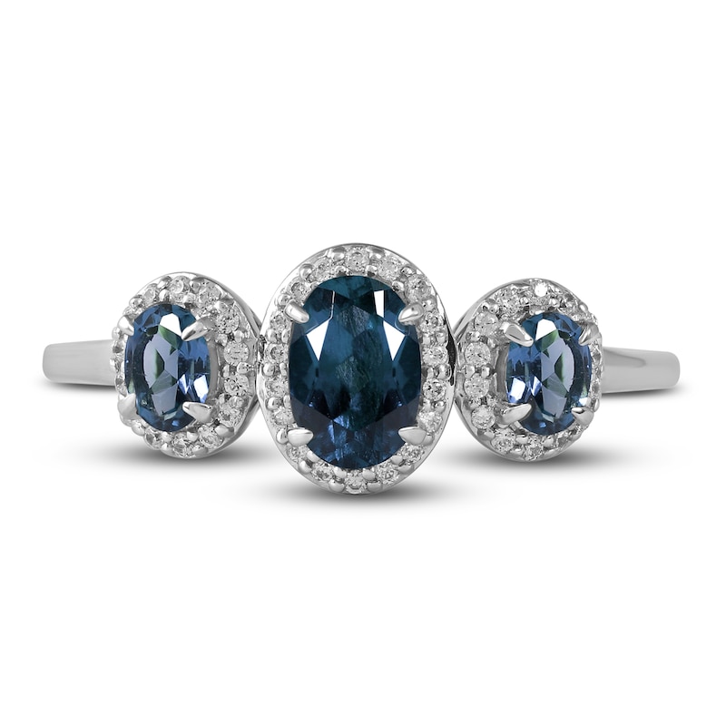 Main Image 3 of Three-Stone Blue Sapphire & Diamond Ring 1/8 ct tw Oval, Round-Cut 10K White Gold
