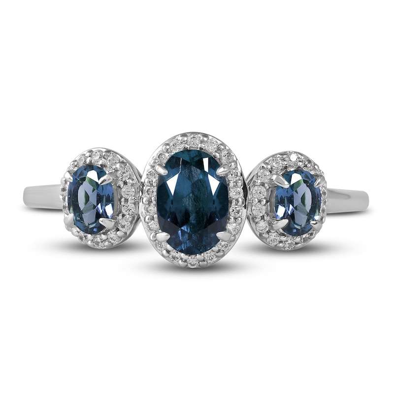 Three-Stone Blue Sapphire & Diamond Ring 1/8 ct tw Oval, Round-Cut 10K White Gold