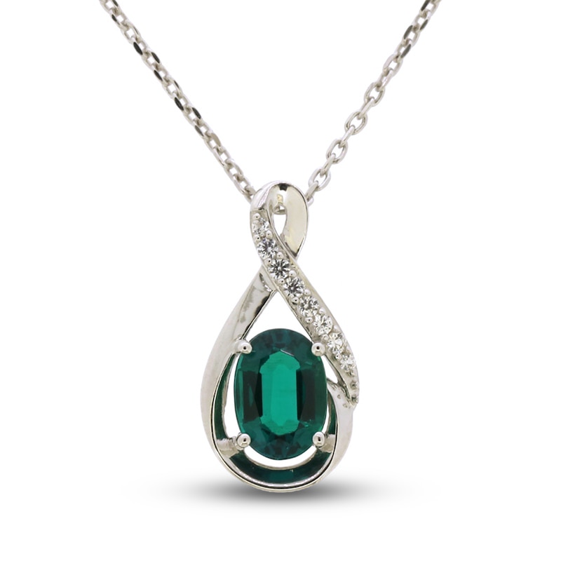 Main Image 1 of Lab-Created Emerald & White Lab-Created Sapphire Necklace Sterling Silver 18&quot;