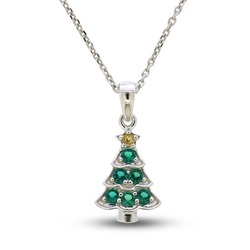 Citrine & Lab-Created Emerald Christmas Tree Necklace Sterling Silver 18"