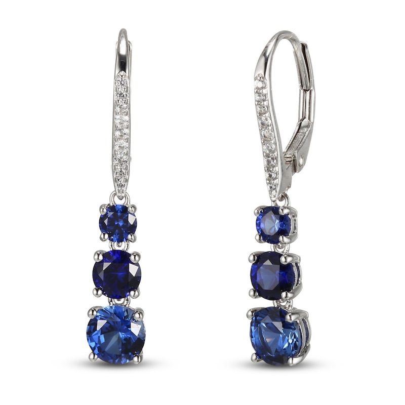 Main Image 1 of Blue/White Lab-Created Sapphire Three-Stone Drop Earrings Sterling Silver
