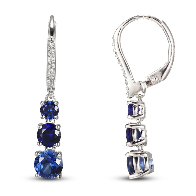 Blue/White Lab-Created Sapphire Three-Stone Drop Earrings Sterling Silver