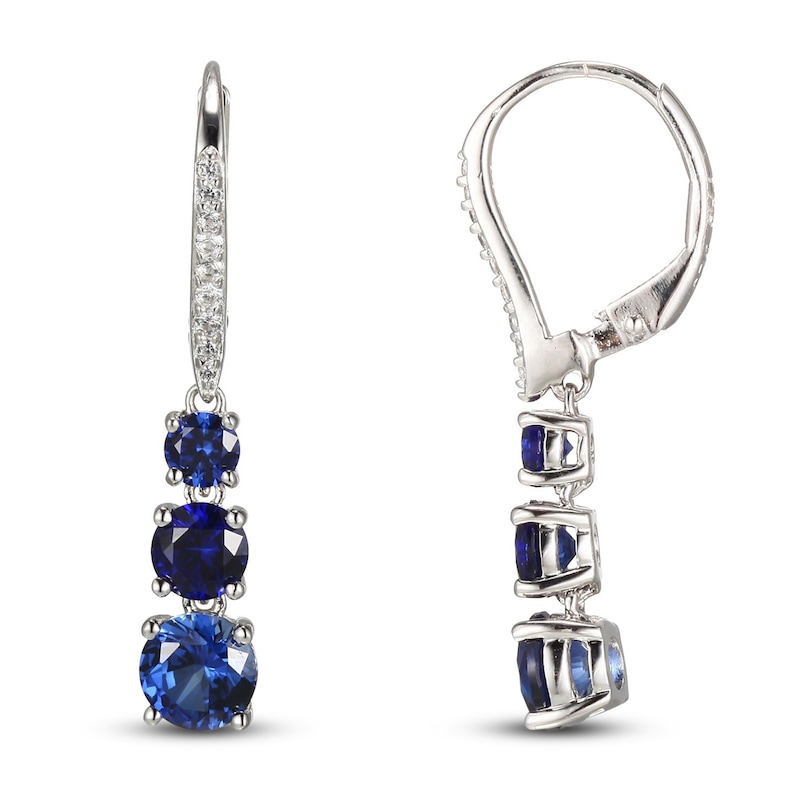 Main Image 2 of Blue/White Lab-Created Sapphire Three-Stone Drop Earrings Sterling Silver