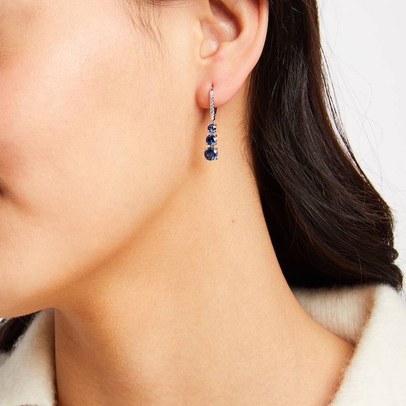 Main Image 3 of Blue/White Lab-Created Sapphire Three-Stone Drop Earrings Sterling Silver