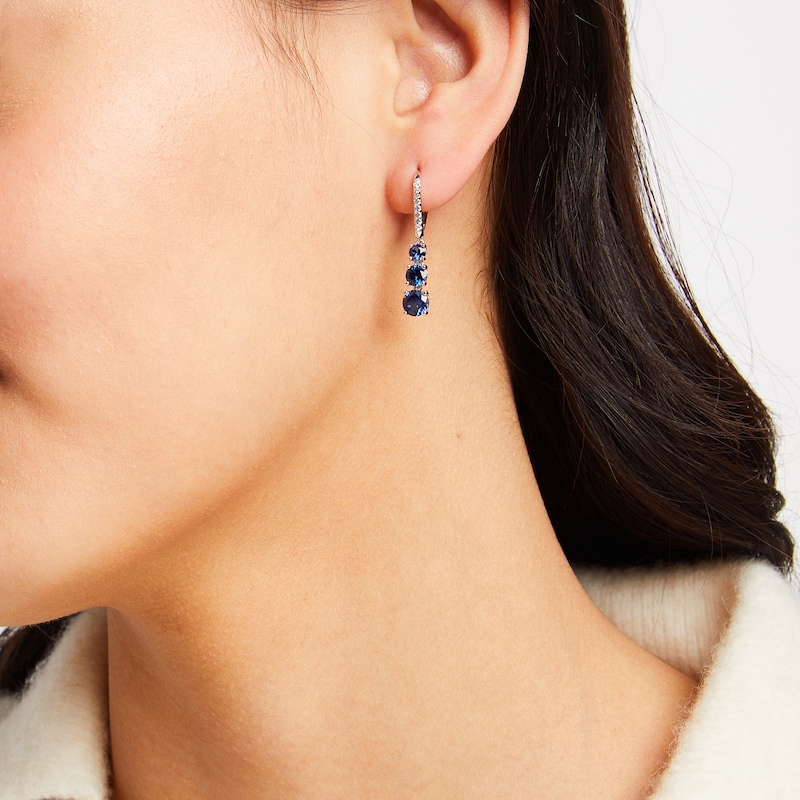 Blue/White Lab-Created Sapphire Three-Stone Drop Earrings Sterling Silver