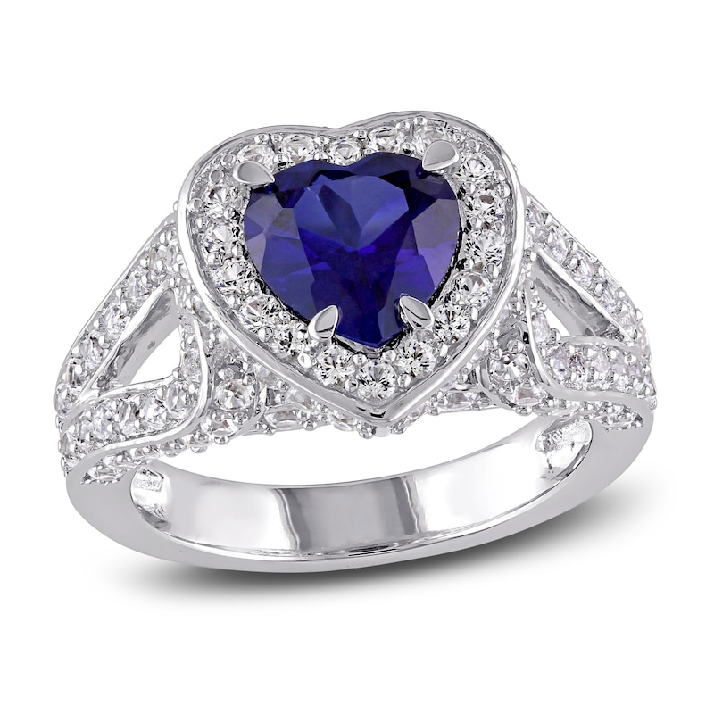 Main Image 1 of Blue/White Lab-Created Sapphire Heart Ring Sterling Silver