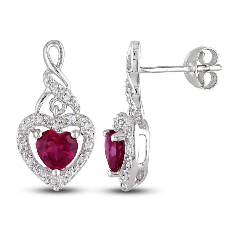 Main Image 1 of Lab-Created Ruby & Diamond Heart Earrings 1/8 ct tw Heart/Round-Cut Sterling Silver