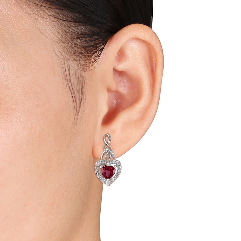 Main Image 2 of Lab-Created Ruby & Diamond Heart Earrings 1/8 ct tw Heart/Round-Cut Sterling Silver