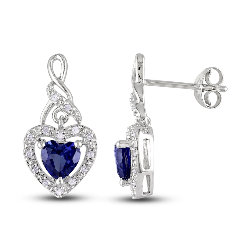 Main Image 1 of Blue Lab-Created Sapphire & Diamond Heart Earrings 1/8 ct tw Heart/Round-Cut Sterling Silver