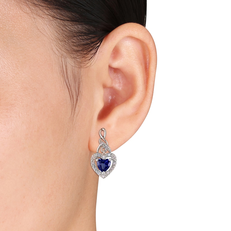 Main Image 2 of Blue Lab-Created Sapphire & Diamond Heart Earrings 1/8 ct tw Heart/Round-Cut Sterling Silver