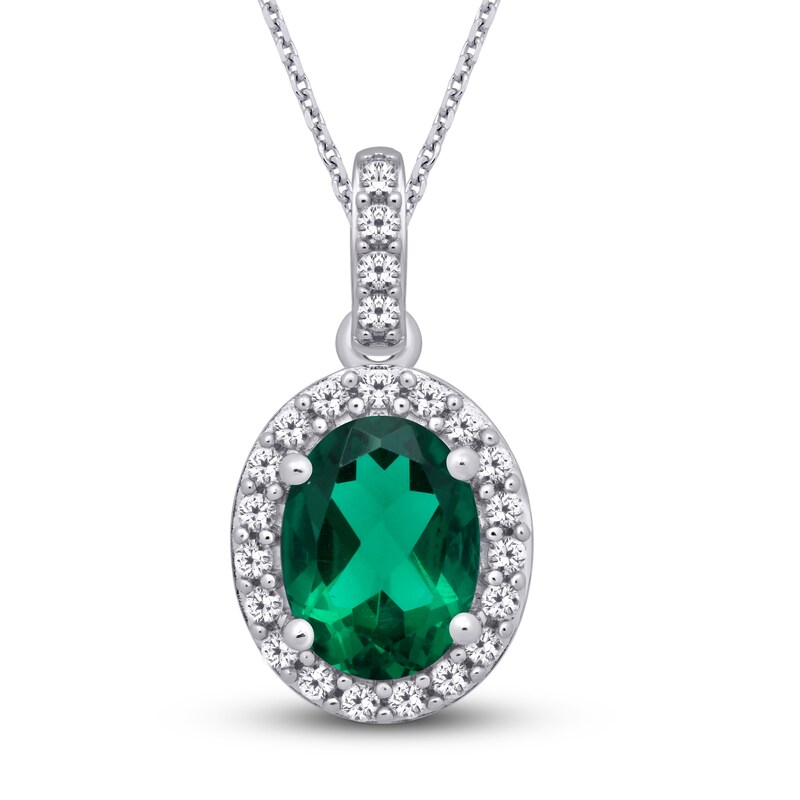 Main Image 1 of Lab-Created Emerald & White Lab-Created Sapphire Necklace Sterling Silver 18&quot;