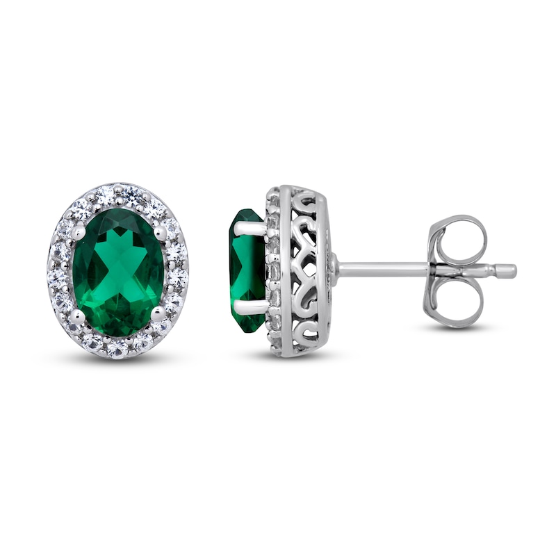 Lab-Created Emerald & White Lab-Created Sapphire Stud Earrings Sterling Silver