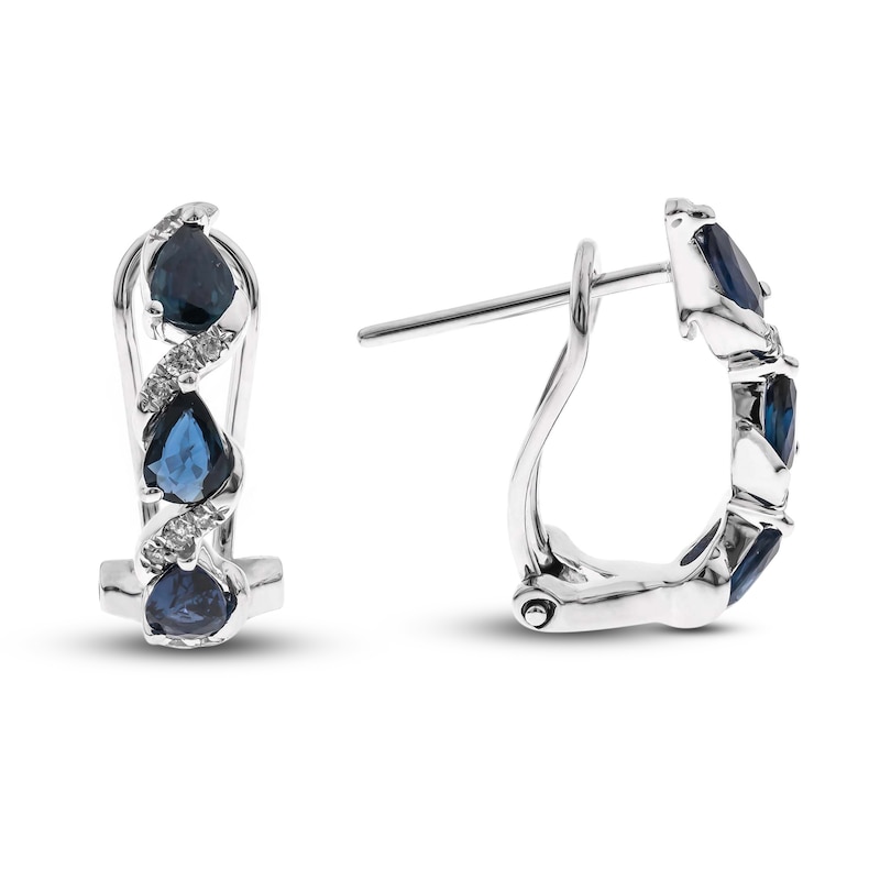 Main Image 1 of Sapphire & Diamond Hoop Earrings 1/8 ct tw Pear/Round-Cut 10K White Gold