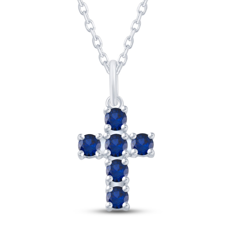 Main Image 1 of Blue Lab-Created Sapphire Cross Necklace Sterling Silver 18"