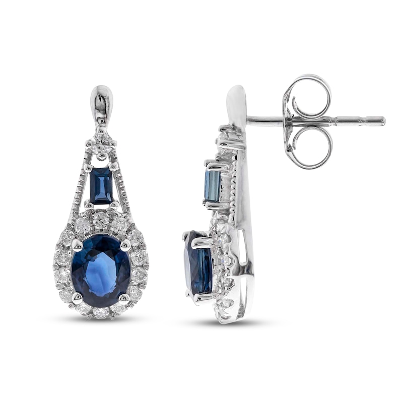 Main Image 1 of Blue Sapphire & Diamond Drop Earrings 1/5 ct tw Oval, Round, Rectangle-Cut 10K White Gold