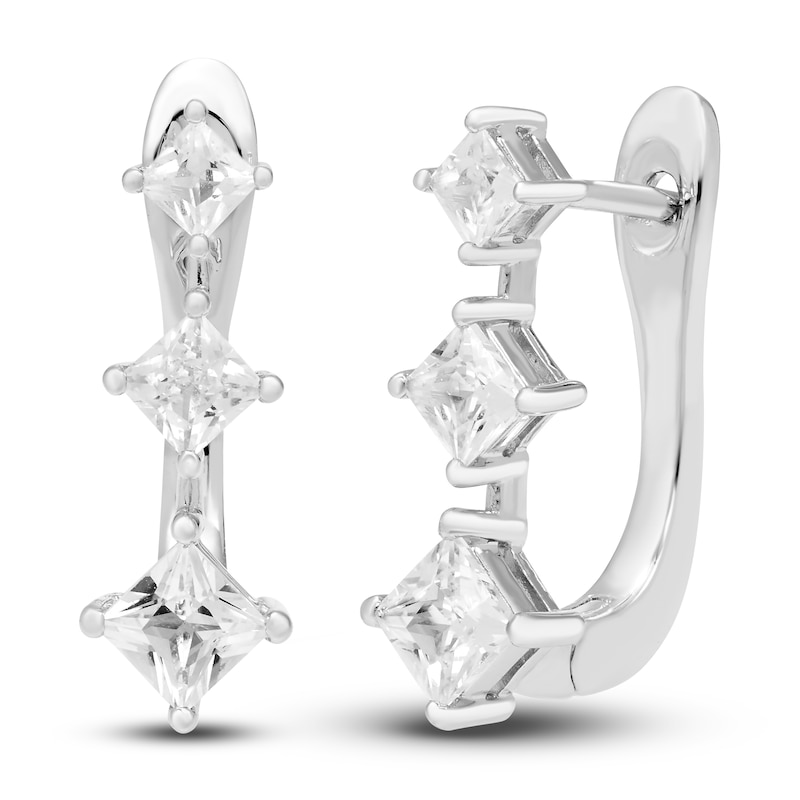 Main Image 1 of White Lab-Created Sapphire Three-Stone Hoop Earrings Sterling Silver