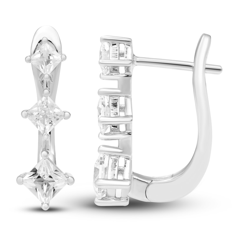 Main Image 2 of White Lab-Created Sapphire Three-Stone Hoop Earrings Sterling Silver