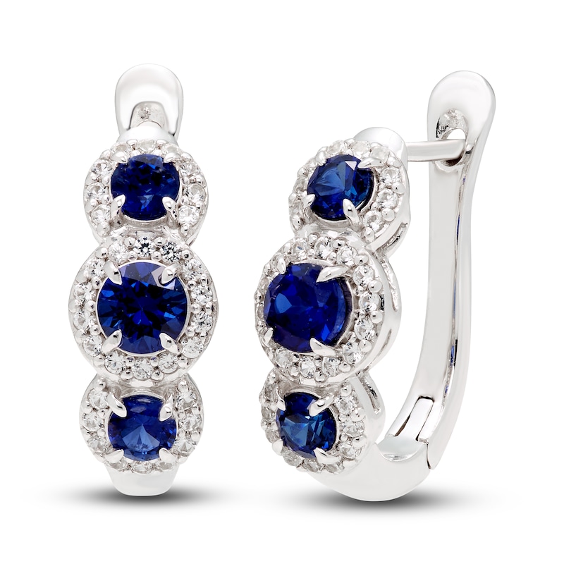 Main Image 1 of Blue/White Lab-Created Sapphire Three-Stone Hoop Earrings Sterling Silver