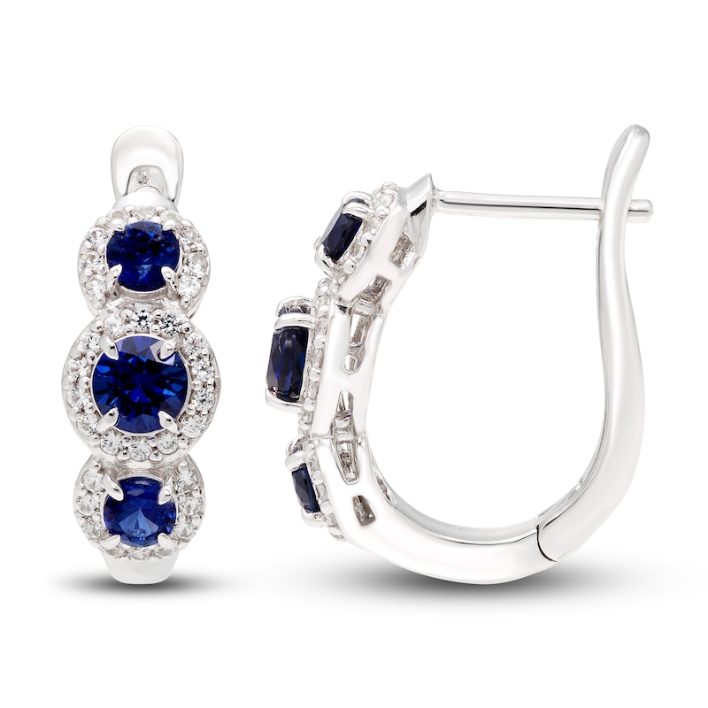 Main Image 2 of Blue/White Lab-Created Sapphire Three-Stone Hoop Earrings Sterling Silver