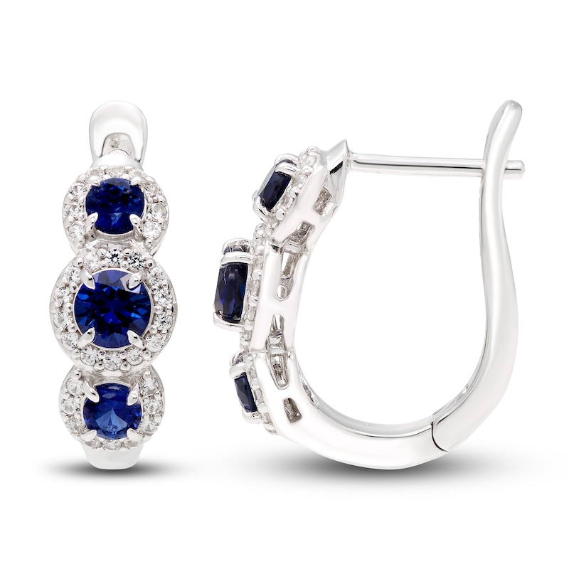 Blue/White Lab-Created Sapphire Three-Stone Hoop Earrings Sterling Silver