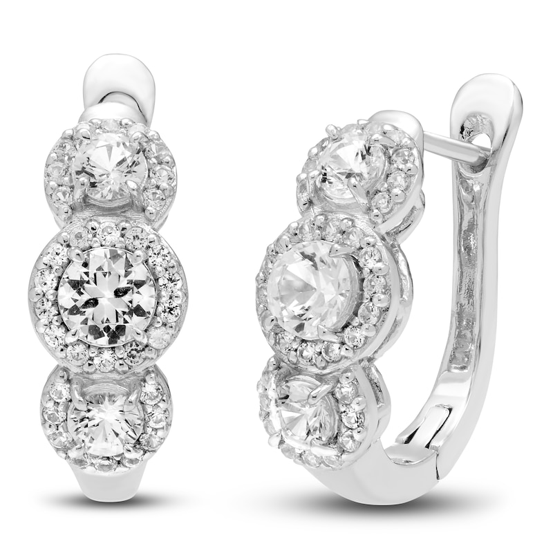 Main Image 1 of White Lab-Created Sapphire Three-Stone Hoop Earrings Sterling Silver