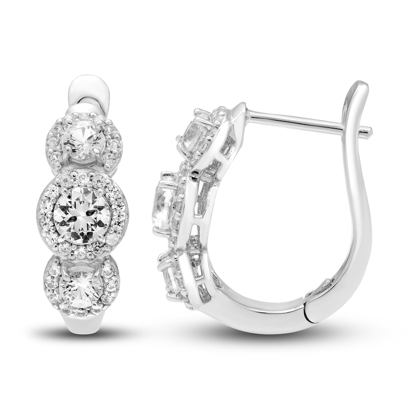 Main Image 2 of White Lab-Created Sapphire Three-Stone Hoop Earrings Sterling Silver