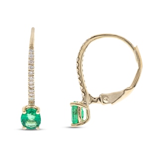 Emerald & Diamond Hoop Earrings 1/15 ct tw Oval/Round-Cut 10K Yellow ...