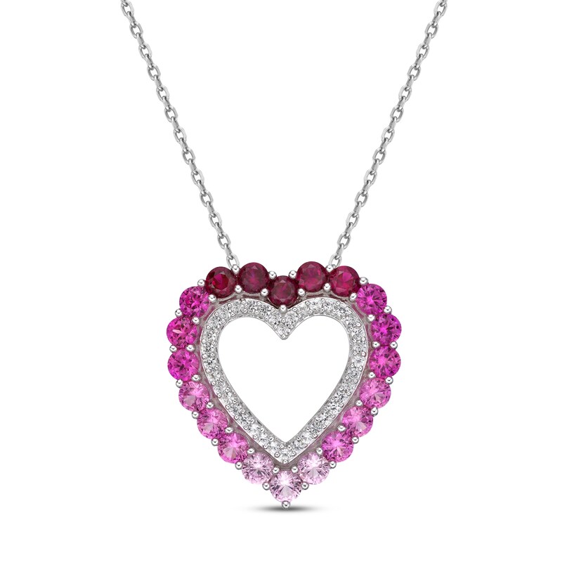 Lab-Created Ruby, Pink & White Lab-Created Sapphire Heart Necklace Sterling Silver 18"