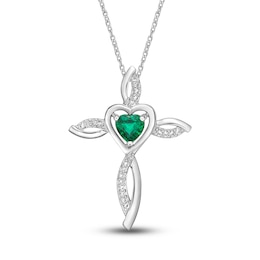 Lab-Created Emerald & White Lab-Created Sapphire Cross Necklace Sterling Silver 18"