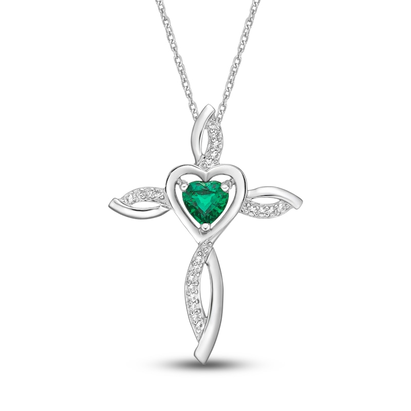Main Image 1 of Lab-Created Emerald & White Lab-Created Sapphire Cross Necklace Sterling Silver 18&quot;